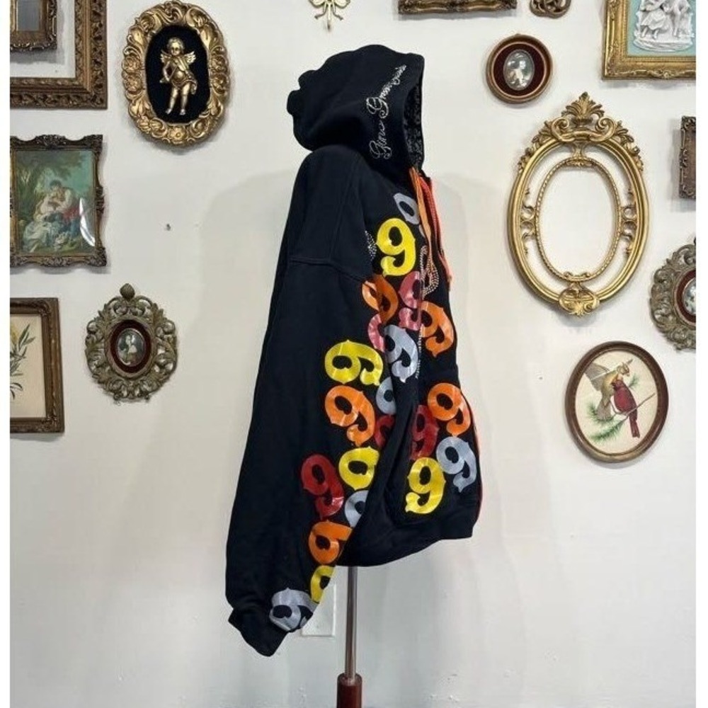 Vintage Gino Green Global 999 Hoodie Y2K Hip Hop AOP Black 3XL Rhinestone GGG - Picture 2 of 7